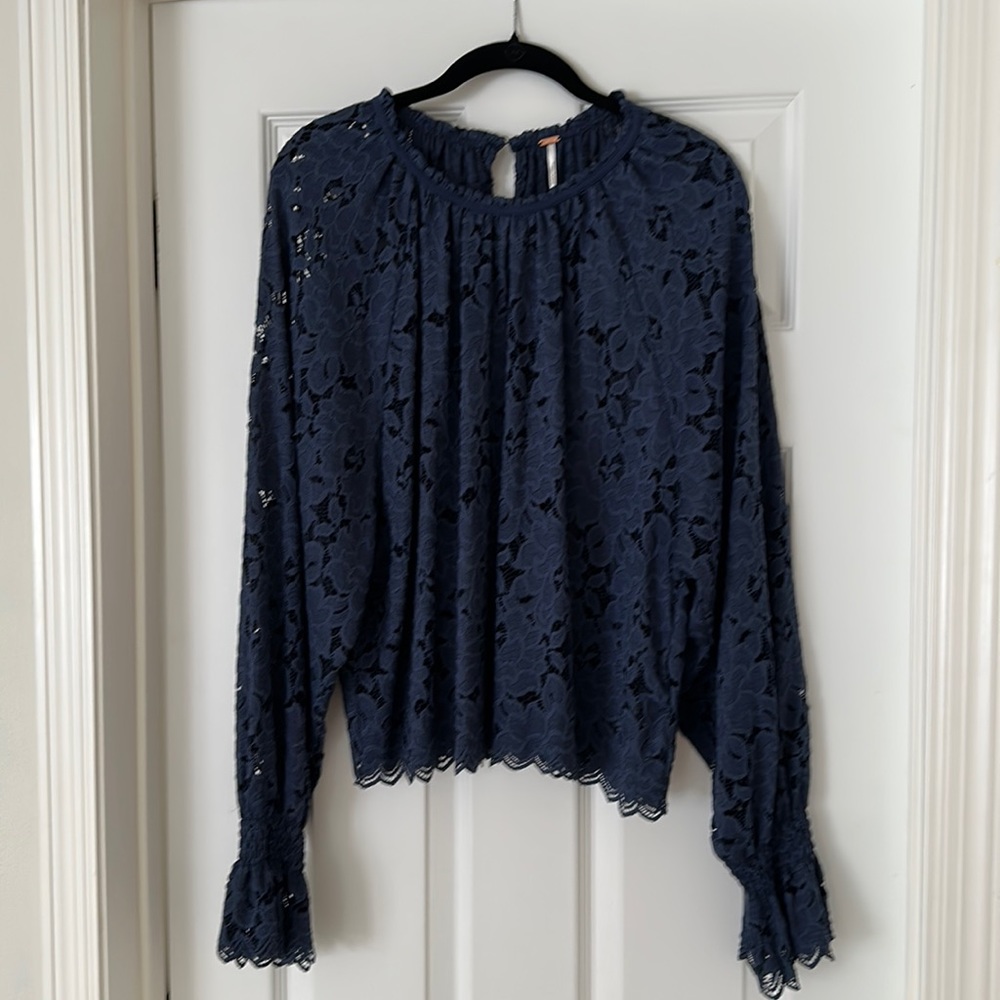Free People navy lace ruffle cuff long sleeve blouse